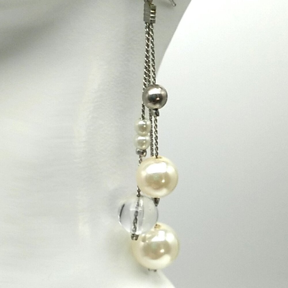 Faux Pearl Clear Bead Silver-tone Dangle Earrings